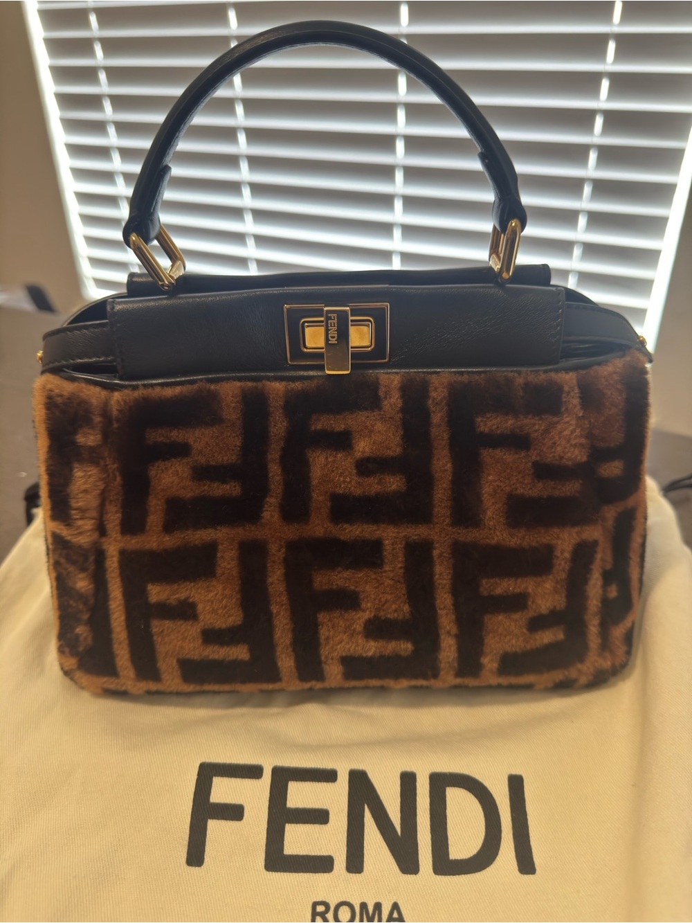 Peekaboo Mini FENDI ROMA Brown and Black FF Faux Fur Top-Handle Satchel